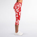 Red And White Damask Pattern Print Women's Capri Leggings