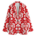 Red And White Damask Pattern Print Women's Cotton Blazer