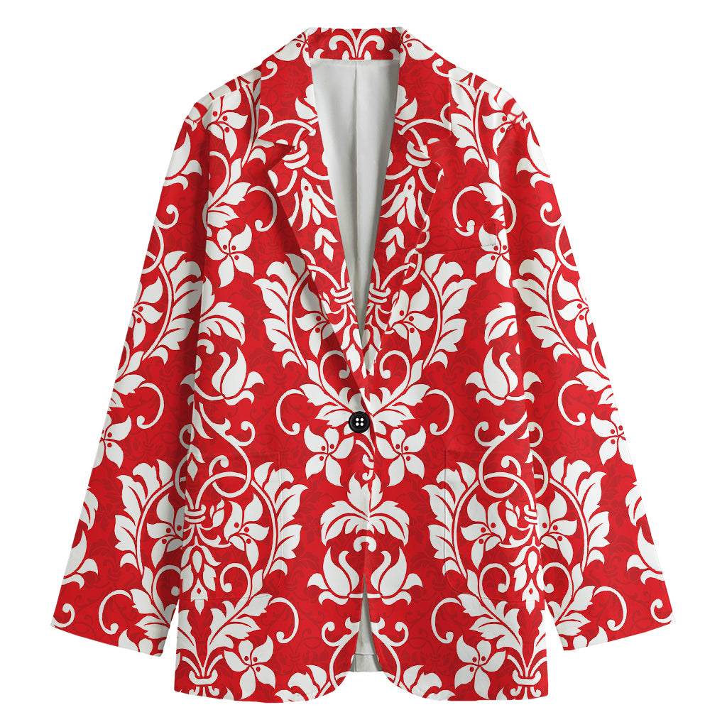 Red And White Damask Pattern Print Women's Cotton Blazer