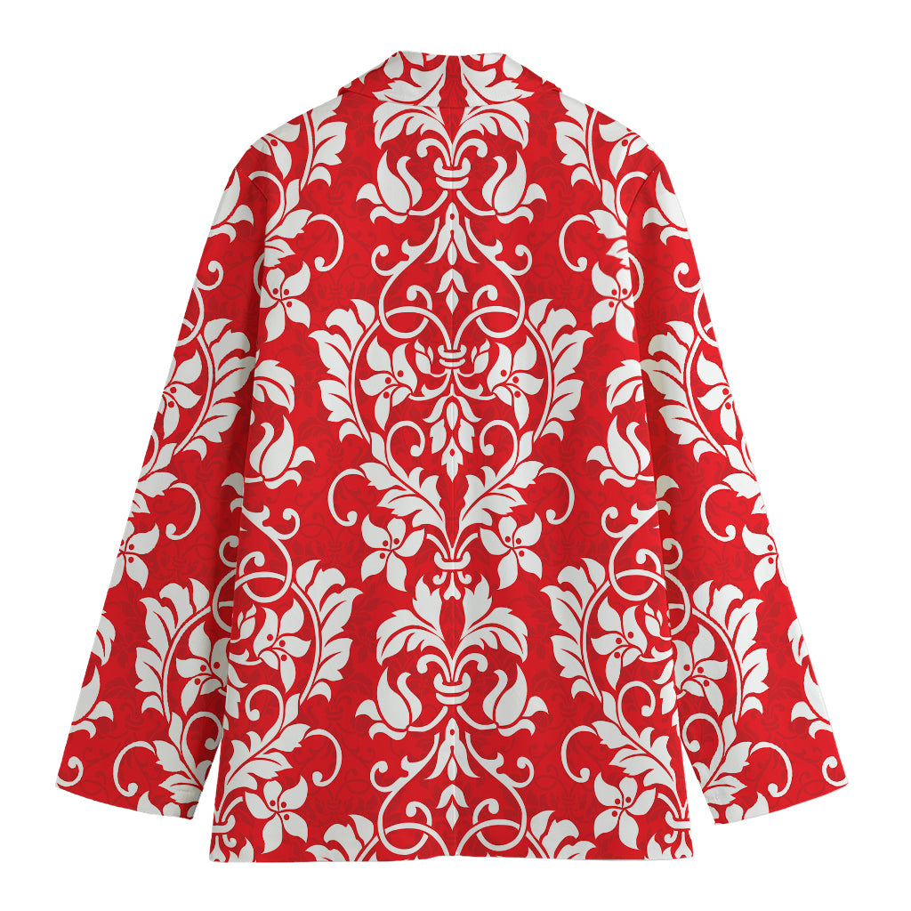 Red And White Damask Pattern Print Women's Cotton Blazer