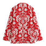 Red And White Damask Pattern Print Women's Cotton Blazer