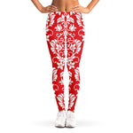 Red And White Damask Pattern Print Women's Leggings