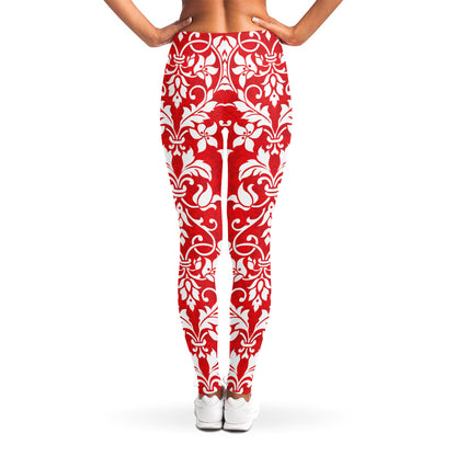 Red And White Damask Pattern Print Women's Leggings