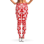 Red And White Damask Pattern Print Women's Leggings