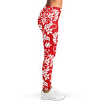 Red And White Damask Pattern Print Women's Leggings
