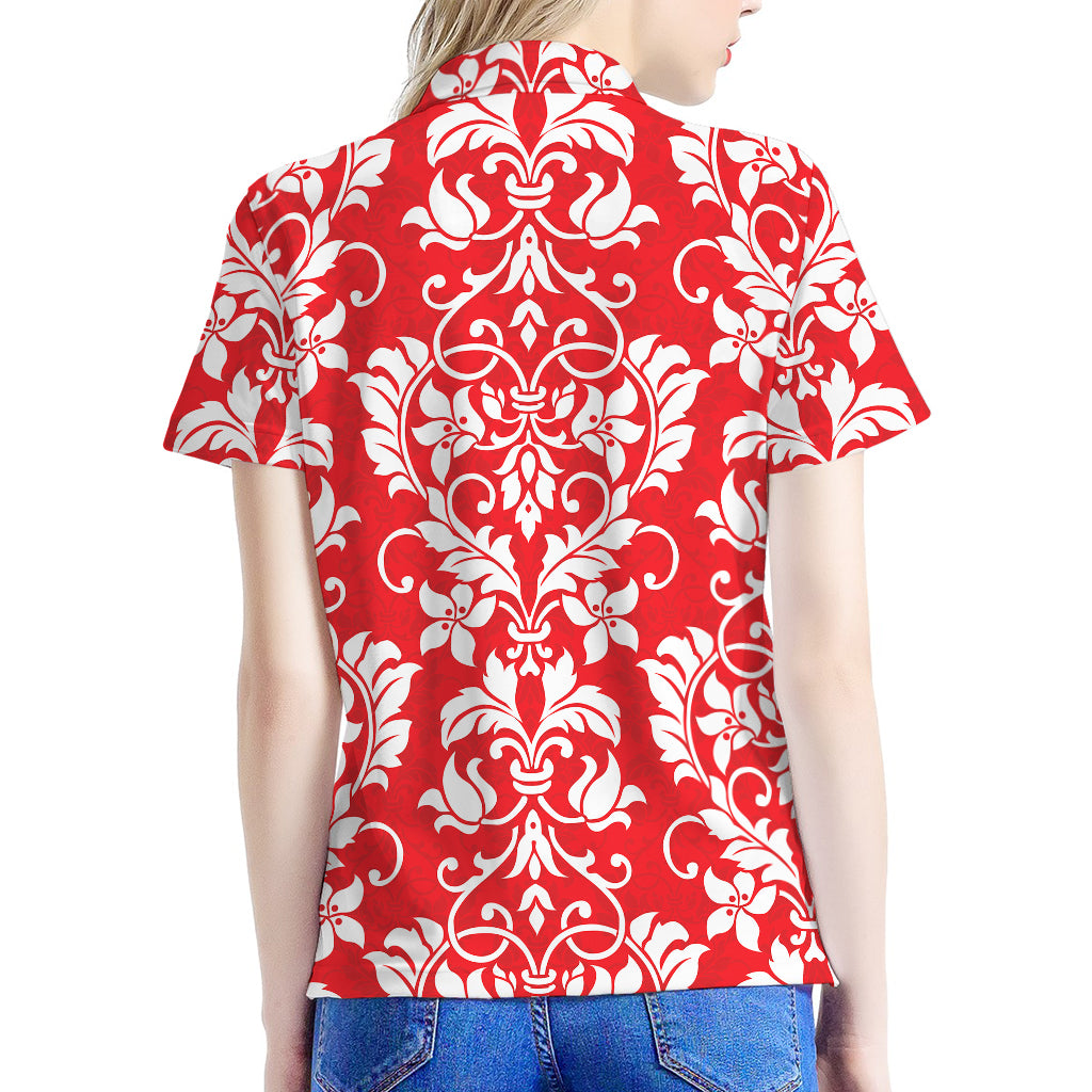 Red And White Damask Pattern Print Women's Polo Shirt