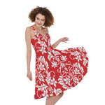 Red And White Damask Pattern Print Women's Sleeveless Dress