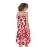 Red And White Damask Pattern Print Women's Sleeveless Dress