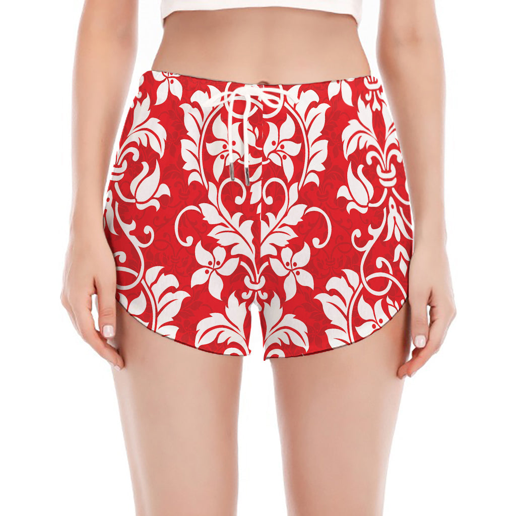 Red And White Damask Pattern Print Women's Split Running Shorts
