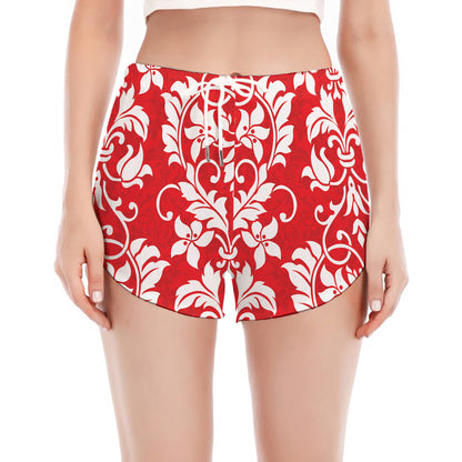 Red And White Damask Pattern Print Women's Split Running Shorts