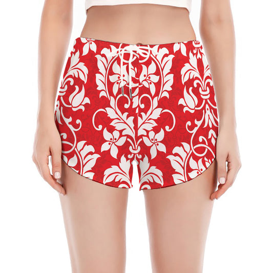 Red And White Damask Pattern Print Women's Split Running Shorts