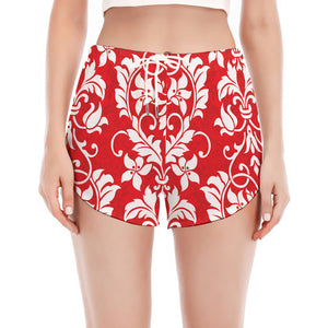 Red And White Damask Pattern Print Women's Split Running Shorts