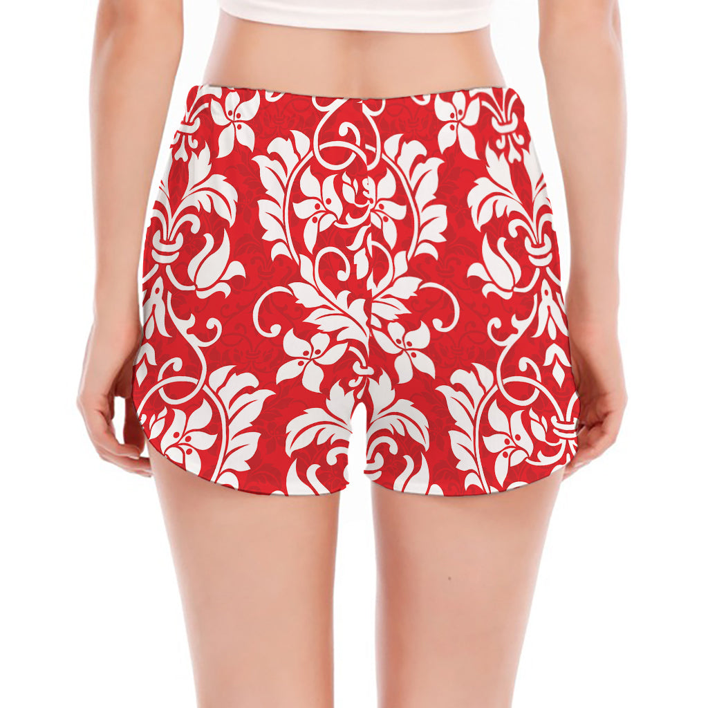 Red And White Damask Pattern Print Women's Split Running Shorts