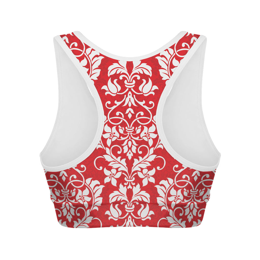 Red And White Damask Pattern Print Women's Sports Bra