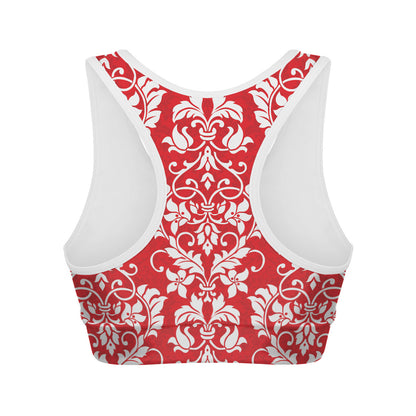 Red And White Damask Pattern Print Women's Sports Bra