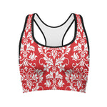 Red And White Damask Pattern Print Women's Sports Bra
