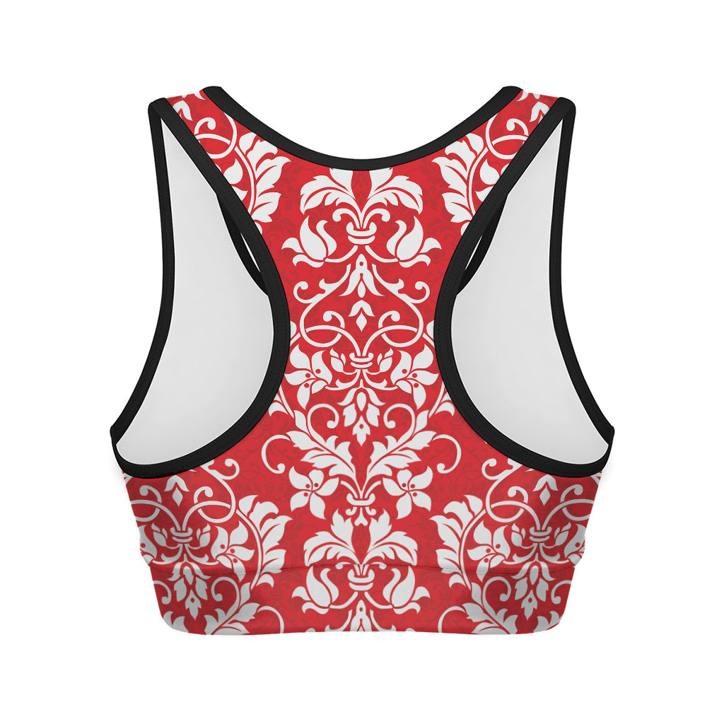 Red And White Damask Pattern Print Women's Sports Bra