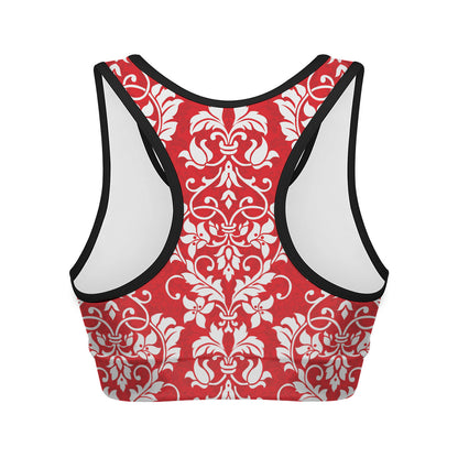 Red And White Damask Pattern Print Women's Sports Bra