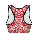 Red And White Damask Pattern Print Women's Sports Bra