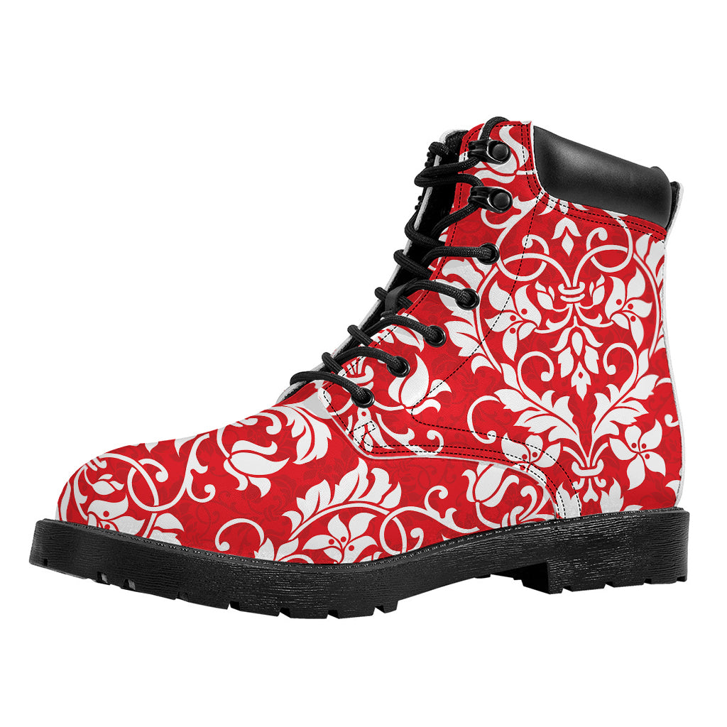 Red And White Damask Pattern Print Work Boots