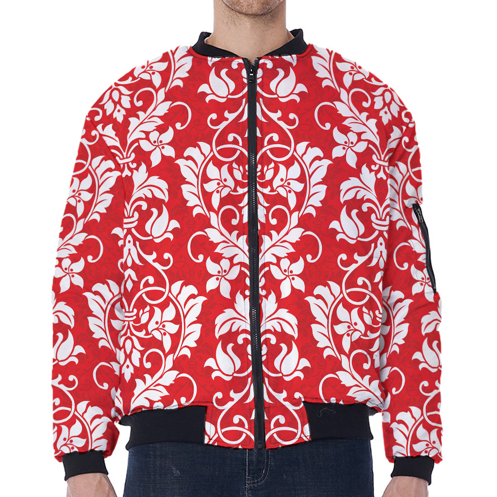 Red And White Damask Pattern Print Zip Sleeve Bomber Jacket