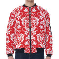 Red And White Damask Pattern Print Zip Sleeve Bomber Jacket