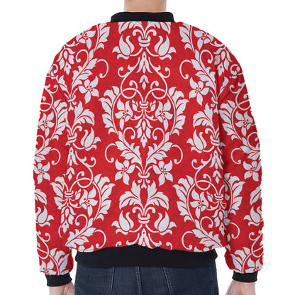 Red And White Damask Pattern Print Zip Sleeve Bomber Jacket