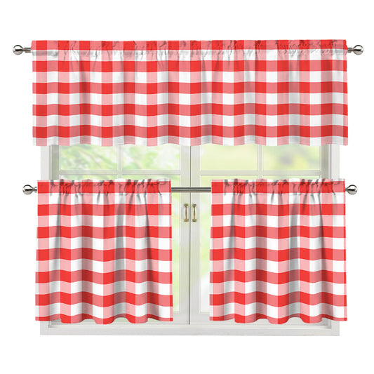 Red And White Gingham Pattern Print 3 Piece Kitchen Curtains