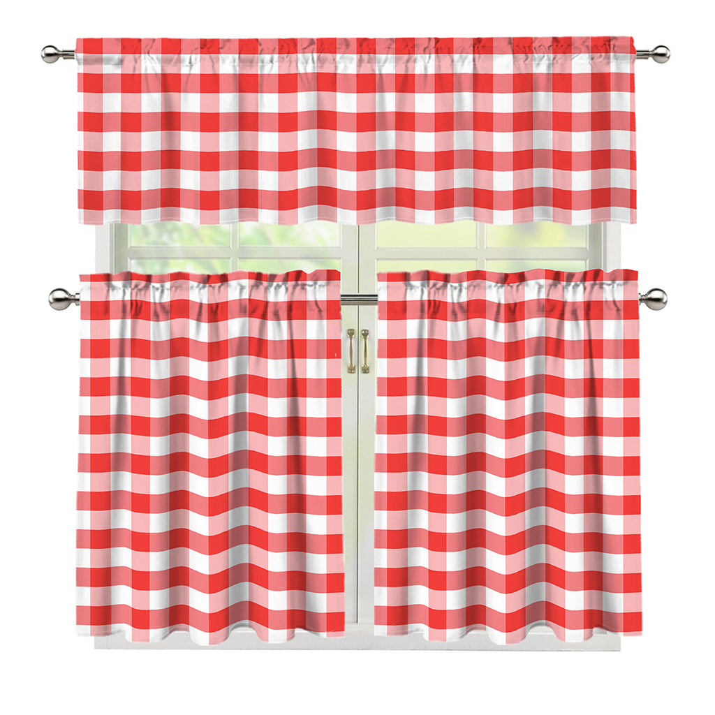 Red And White Gingham Pattern Print 3 Piece Kitchen Curtains