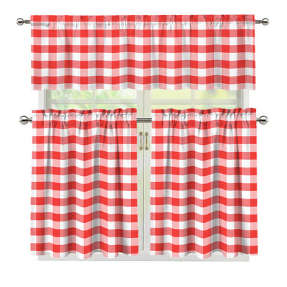 Red And White Gingham Pattern Print 3 Piece Kitchen Curtains