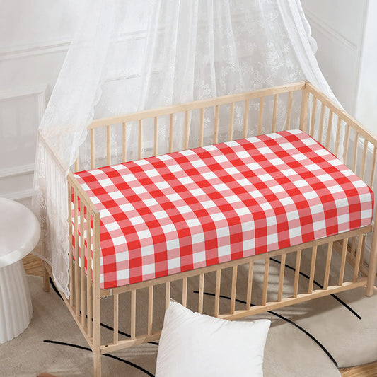 Red And White Gingham Pattern Print Baby Crib Sheet