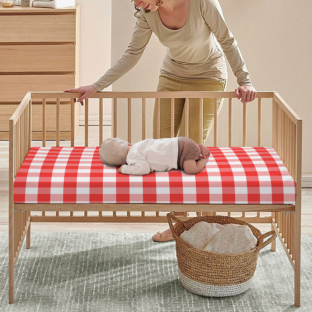 Red And White Gingham Pattern Print Baby Crib Sheet