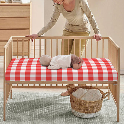 Red And White Gingham Pattern Print Baby Crib Sheet