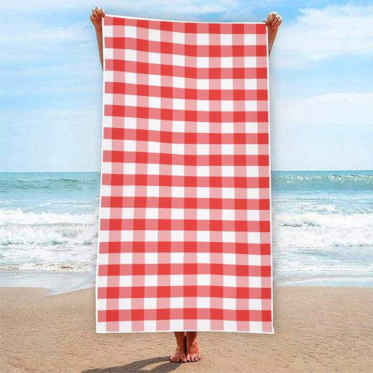 Red And White Gingham Pattern Print Beach Towel