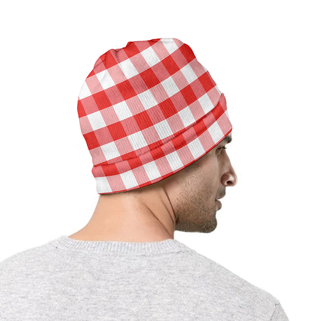 Red And White Gingham Pattern Print Beanie