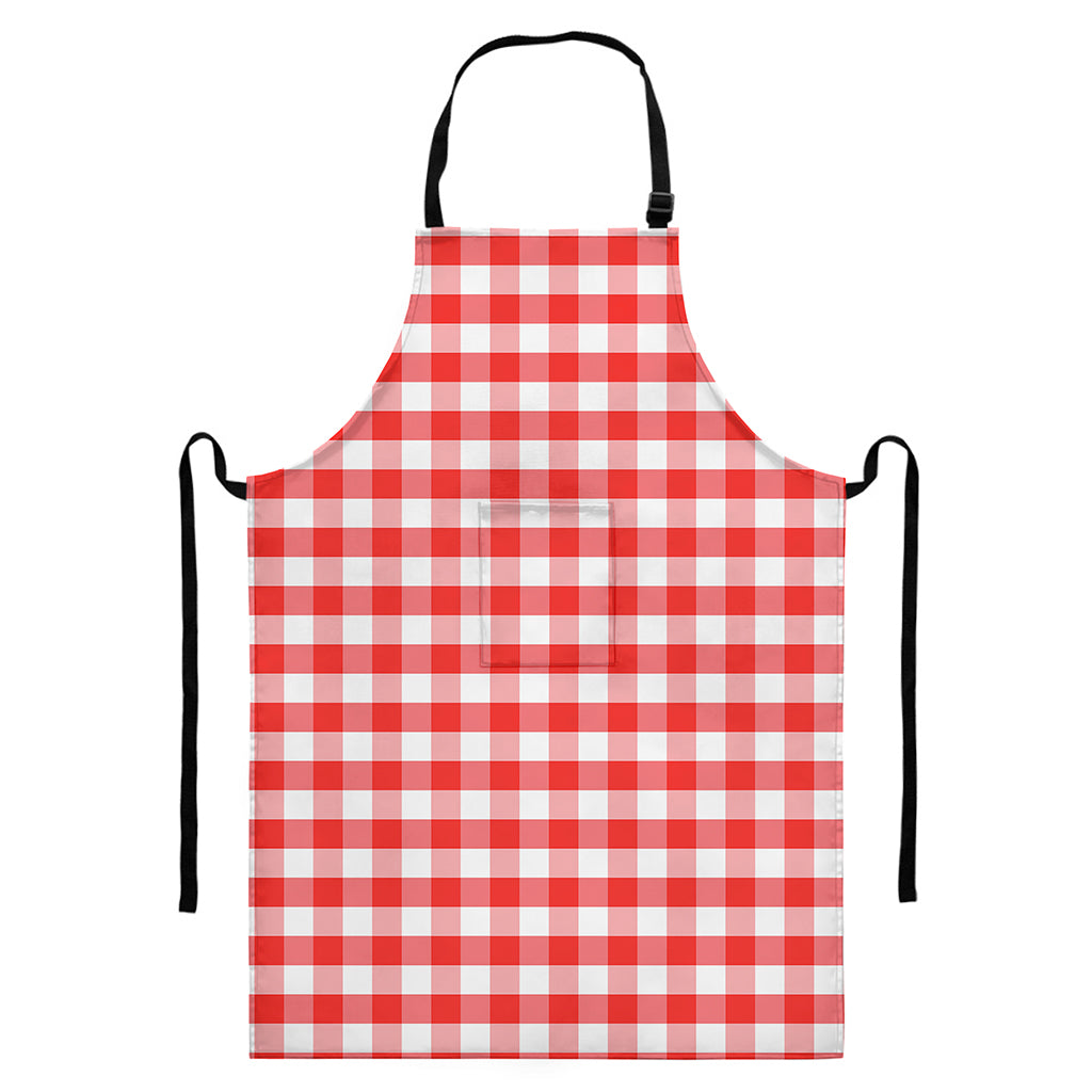 Red And White Gingham Pattern Print Bib Apron With Pocket