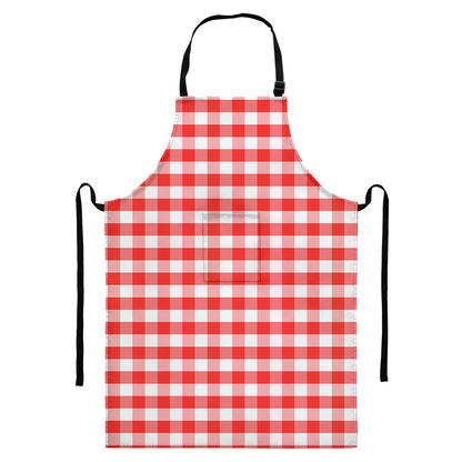 Red And White Gingham Pattern Print Bib Apron With Pocket