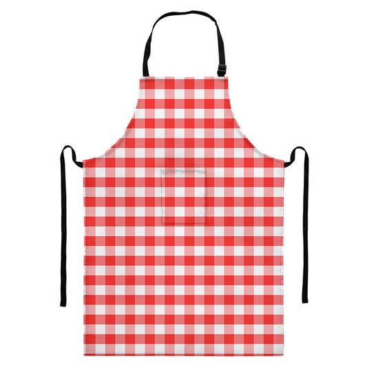 Red And White Gingham Pattern Print Bib Apron With Pocket
