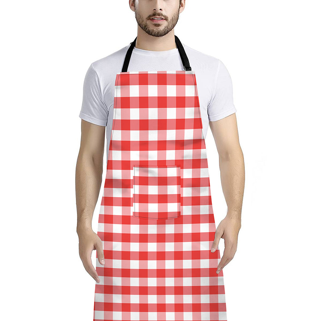 Red And White Gingham Pattern Print Bib Apron With Pocket