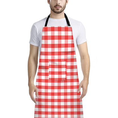 Red And White Gingham Pattern Print Bib Apron With Pocket