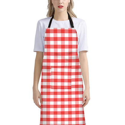 Red And White Gingham Pattern Print Bib Apron With Pocket