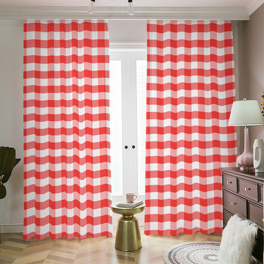 Red And White Gingham Pattern Print Blackout Pencil Pleat Curtains