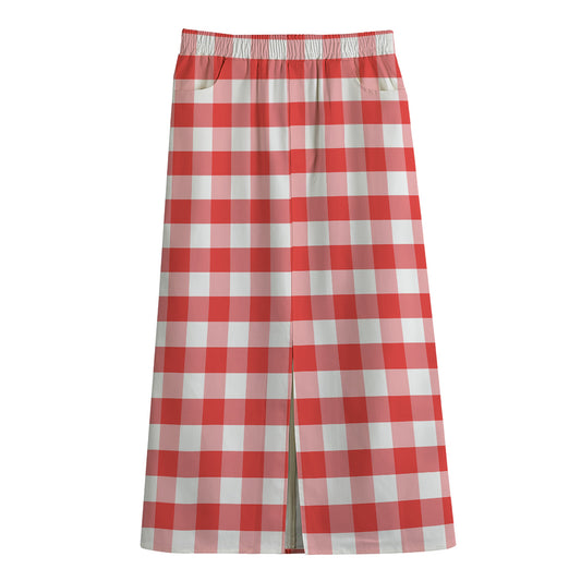 Red And White Gingham Pattern Print Cotton Front Slit Maxi Skirt