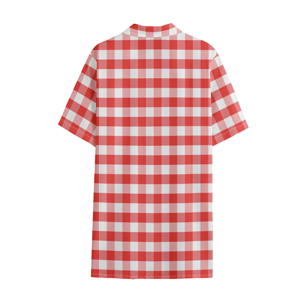 Red And White Gingham Pattern Print Cotton Hawaiian Shirt
