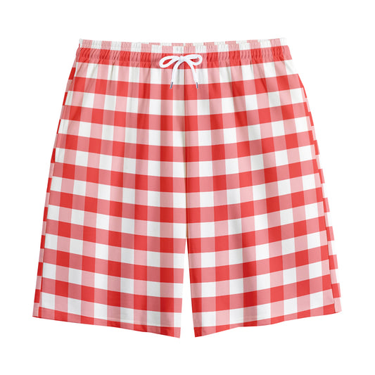 Red And White Gingham Pattern Print Cotton Shorts