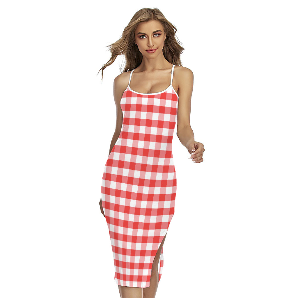 Red And White Gingham Pattern Print Cross Back Cami Dress