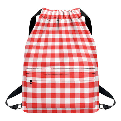 Red And White Gingham Pattern Print Drawstring Backpack