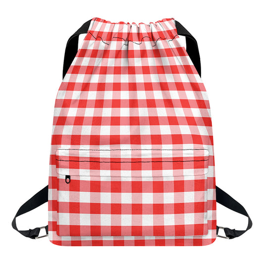 Red And White Gingham Pattern Print Drawstring Backpack