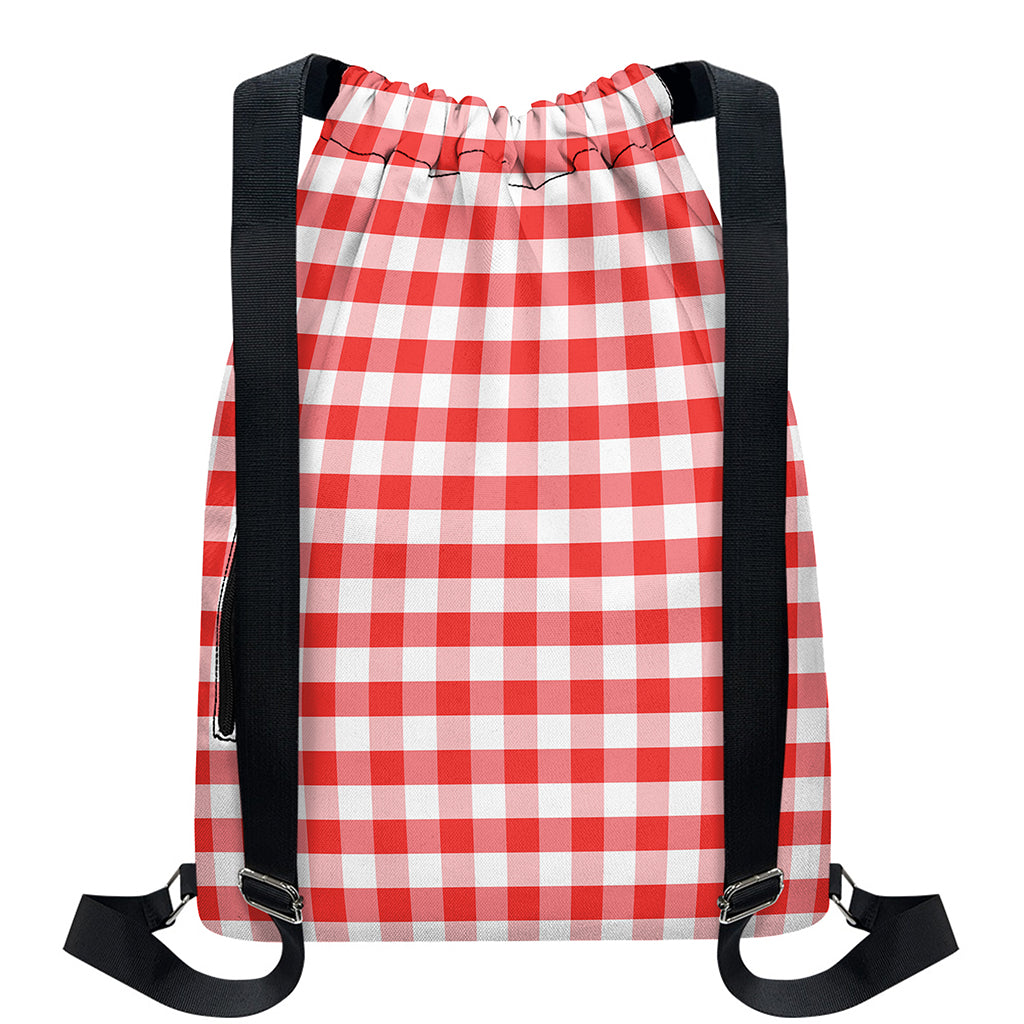 Red And White Gingham Pattern Print Drawstring Backpack