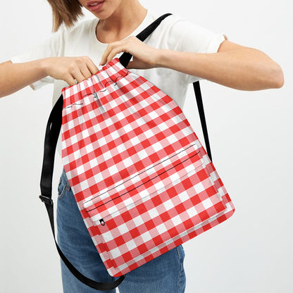 Red And White Gingham Pattern Print Drawstring Backpack